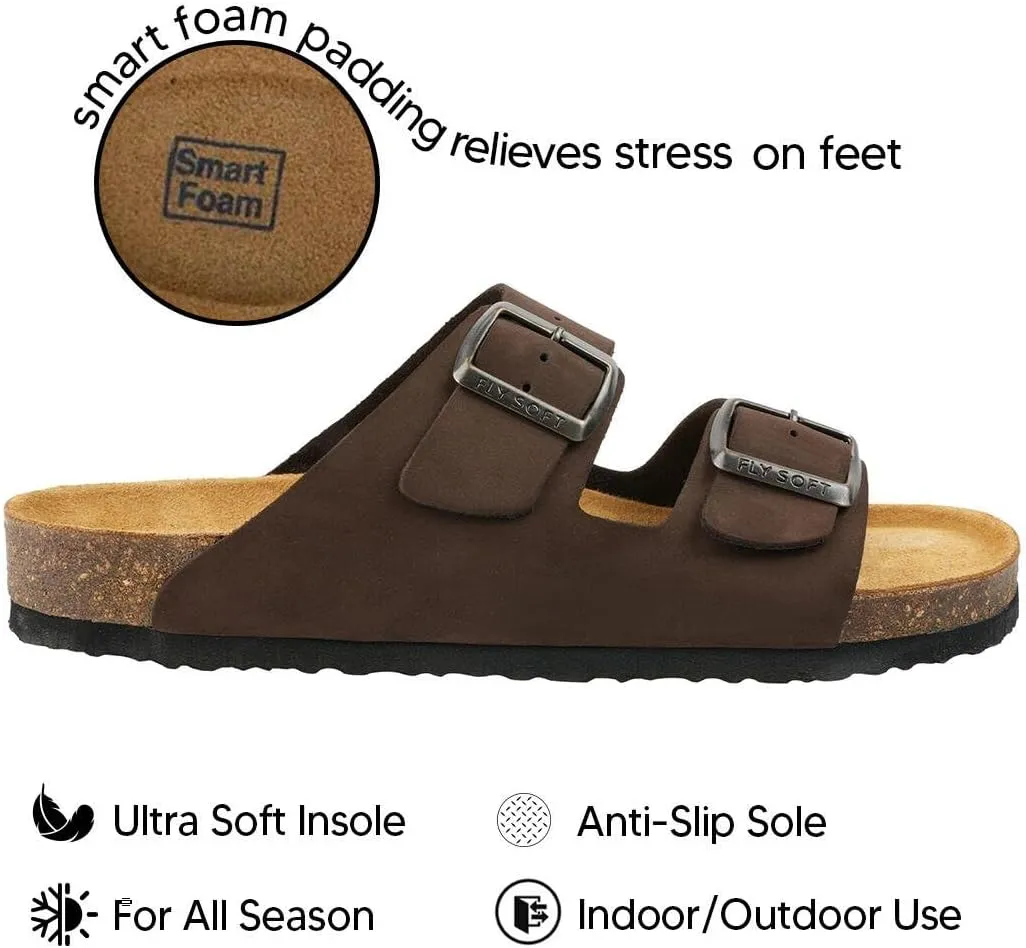 100% Genuine Leather Men's Sandals - Comfortable Cushioned Smart Foam Footbed, Slip-On Slides for Casual Summer Wear, Adjustable Fit, Durable Non-Slip Sole