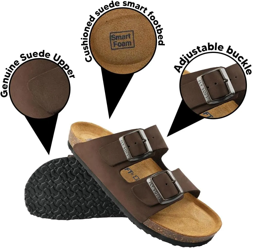 100% Genuine Leather Men's Sandals - Comfortable Cushioned Smart Foam Footbed, Slip-On Slides for Casual Summer Wear, Adjustable Fit, Durable Non-Slip Sole