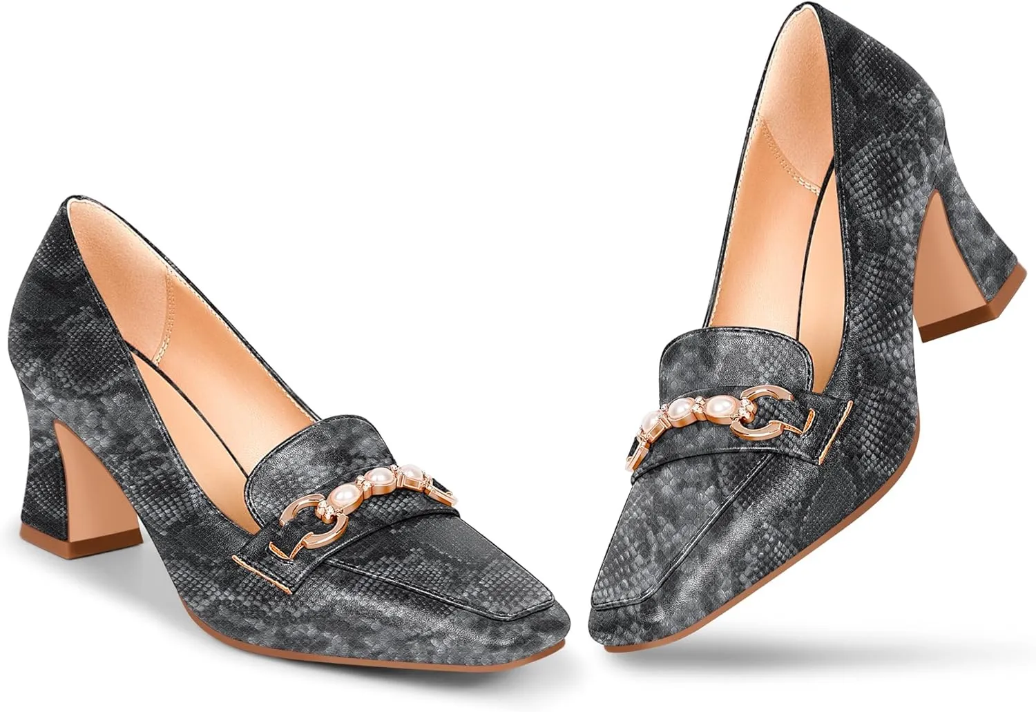 100FIXEO Women's Block Heel Loafers Square Toe Slip-on Pearl Chain Pumps Comfortable Office Shoes