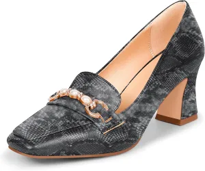 100FIXEO Women's Block Heel Loafers Square Toe Slip-on Pearl Chain Pumps Comfortable Office Shoes