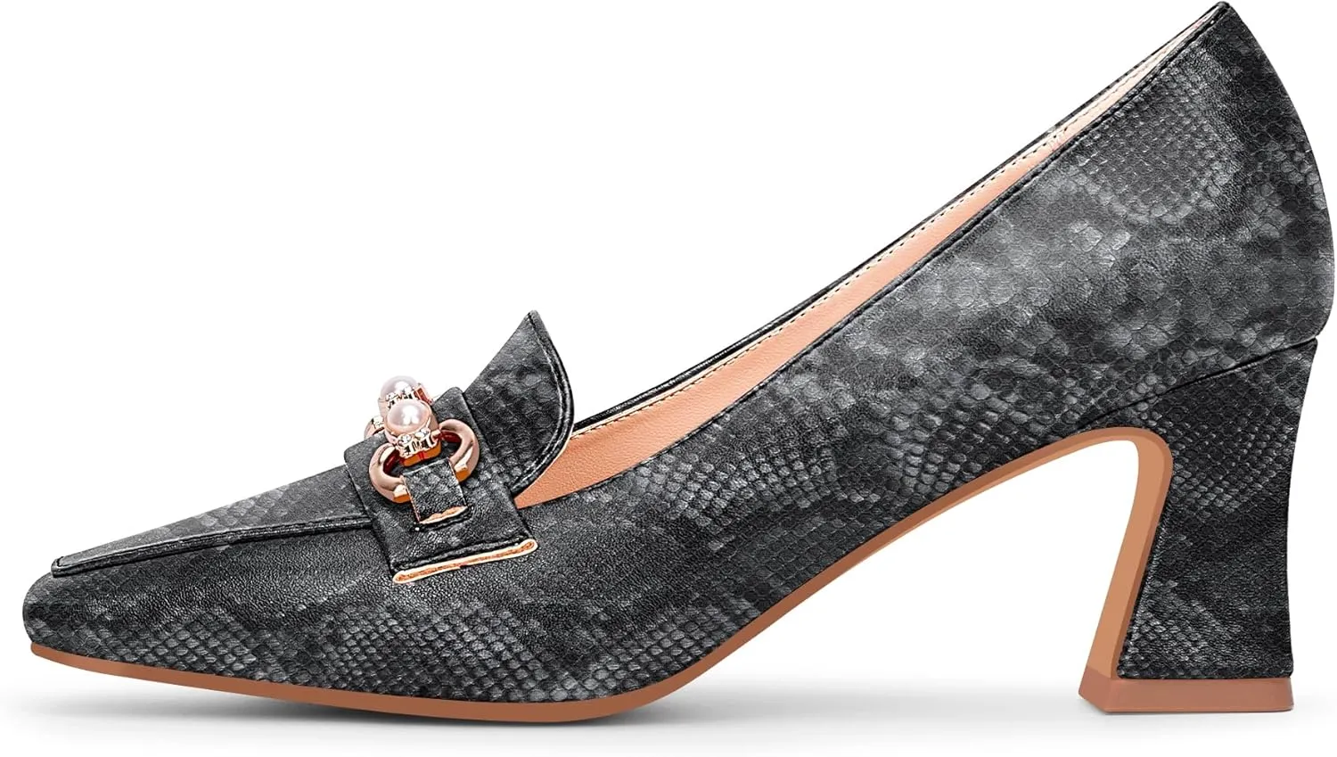 100FIXEO Women's Block Heel Loafers Square Toe Slip-on Pearl Chain Pumps Comfortable Office Shoes