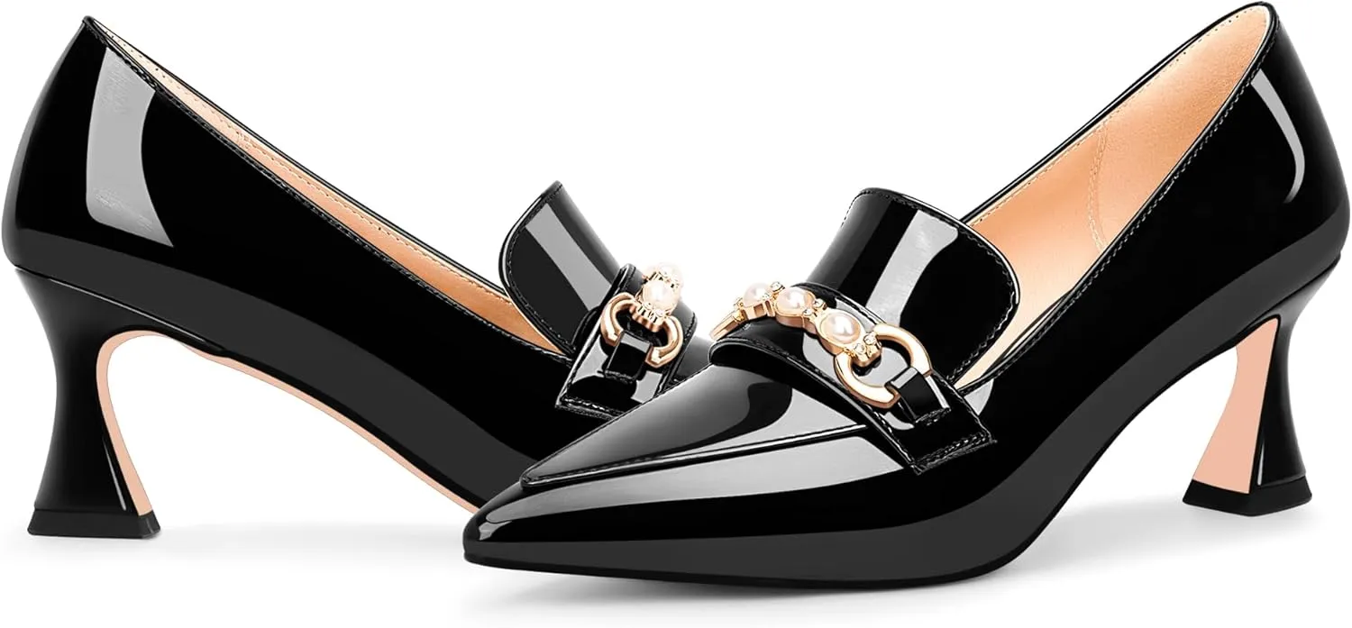 100FIXEO Women's High Heel Closed Pointed Toe Slip On Loafers Pearl Rhinestone Office Pumps Dress Shoes