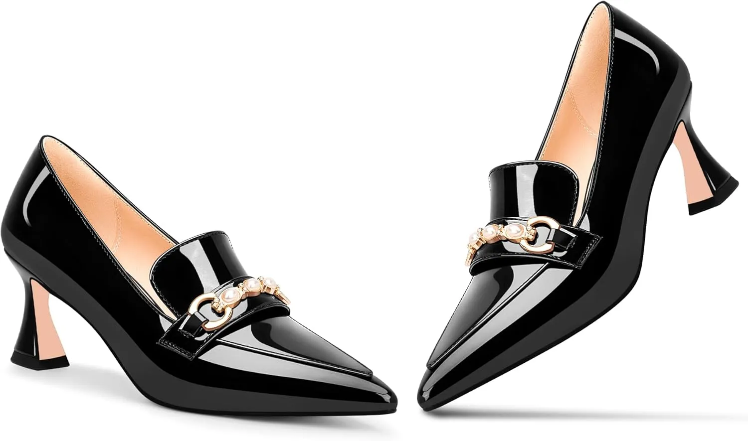100FIXEO Women's High Heel Closed Pointed Toe Slip On Loafers Pearl Rhinestone Office Pumps Dress Shoes