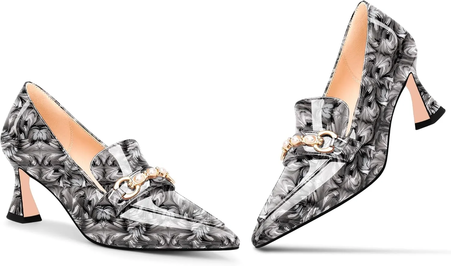 100FIXEO Women's High Heel Closed Pointed Toe Slip On Loafers Pearl Rhinestone Office Pumps Dress Shoes