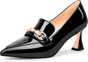 100FIXEO Women's High Heel Closed Pointed Toe Slip On Loafers Pearl Rhinestone Office Pumps Dress Shoes