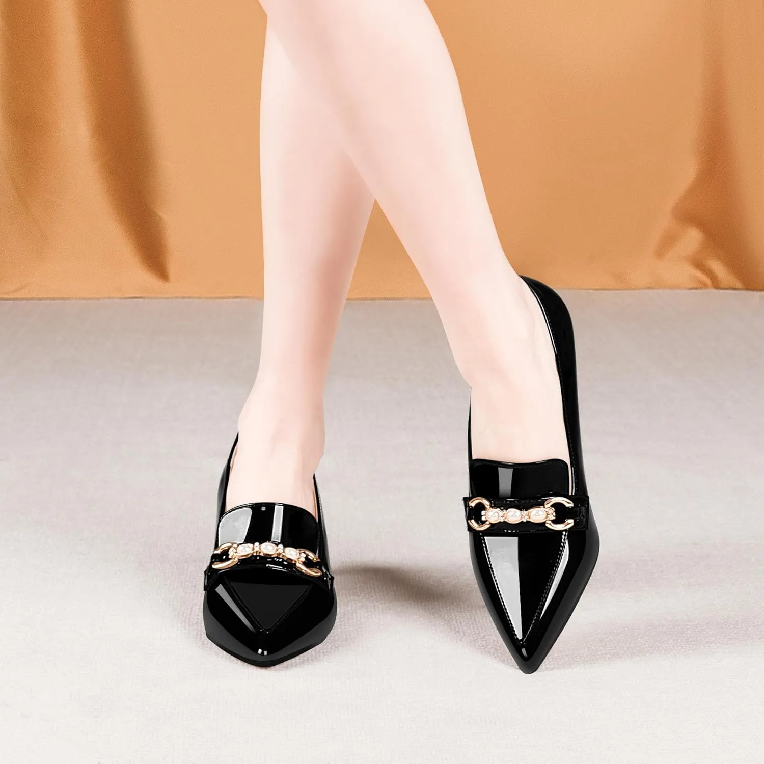 100FIXEO Women's High Heel Closed Pointed Toe Slip On Loafers Pearl Rhinestone Office Pumps Dress Shoes