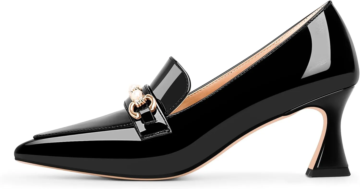 100FIXEO Women's High Heel Closed Pointed Toe Slip On Loafers Pearl Rhinestone Office Pumps Dress Shoes