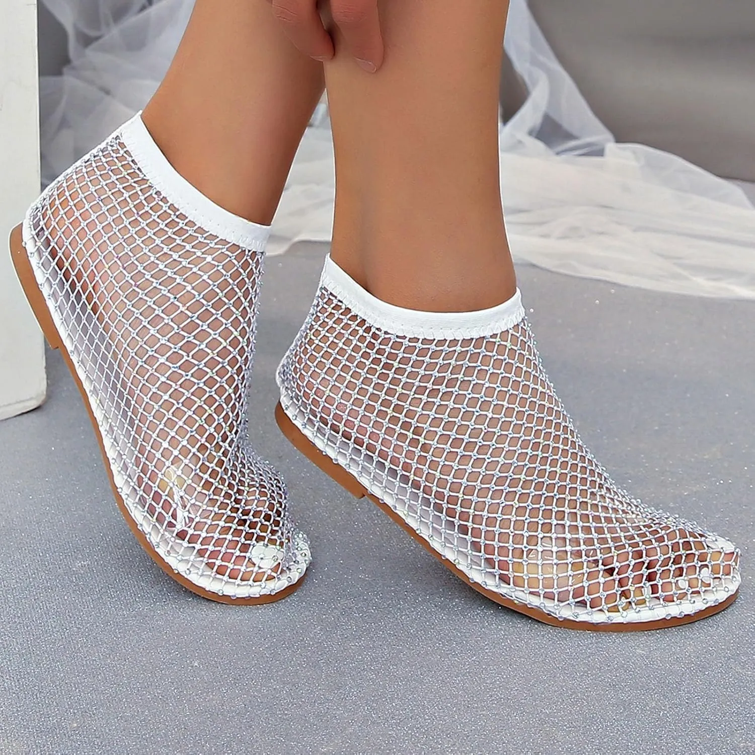 2025 Ultra Comfortable Mesh Flats for Women, Shiny Gem Mesh Ballet Flats, Sexy Slip on Stretchy Rhinestone Fishnet Sandals