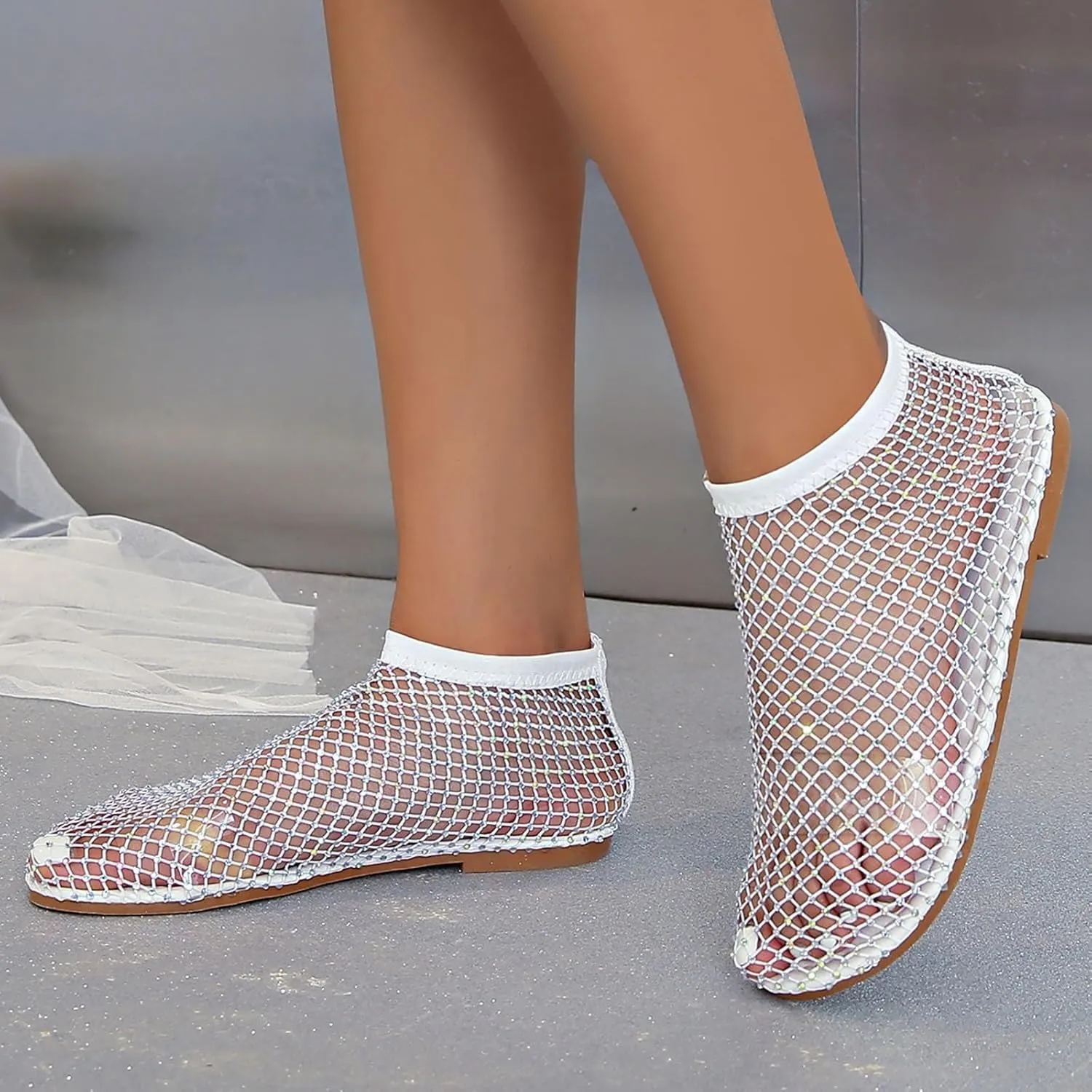 2025 Ultra Comfortable Mesh Flats for Women, Shiny Gem Mesh Ballet Flats, Sexy Slip on Stretchy Rhinestone Fishnet Sandals