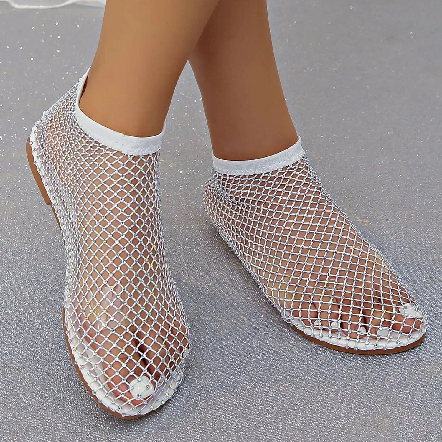 2025 Ultra Comfortable Mesh Flats for Women, Shiny Gem Mesh Ballet Flats, Sexy Slip on Stretchy Rhinestone Fishnet Sandals