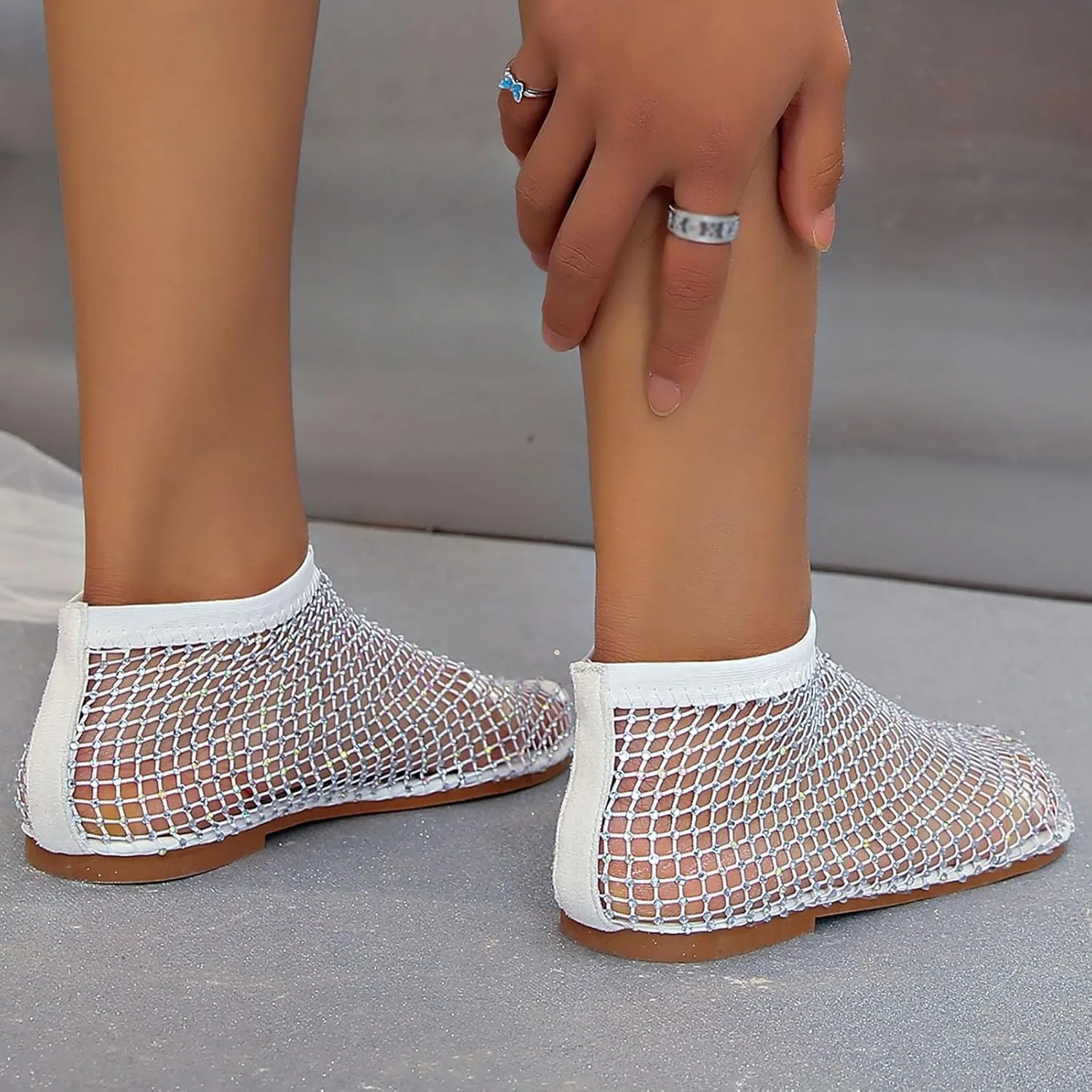 2025 Ultra Comfortable Mesh Flats for Women, Shiny Gem Mesh Ballet Flats, Sexy Slip on Stretchy Rhinestone Fishnet Sandals