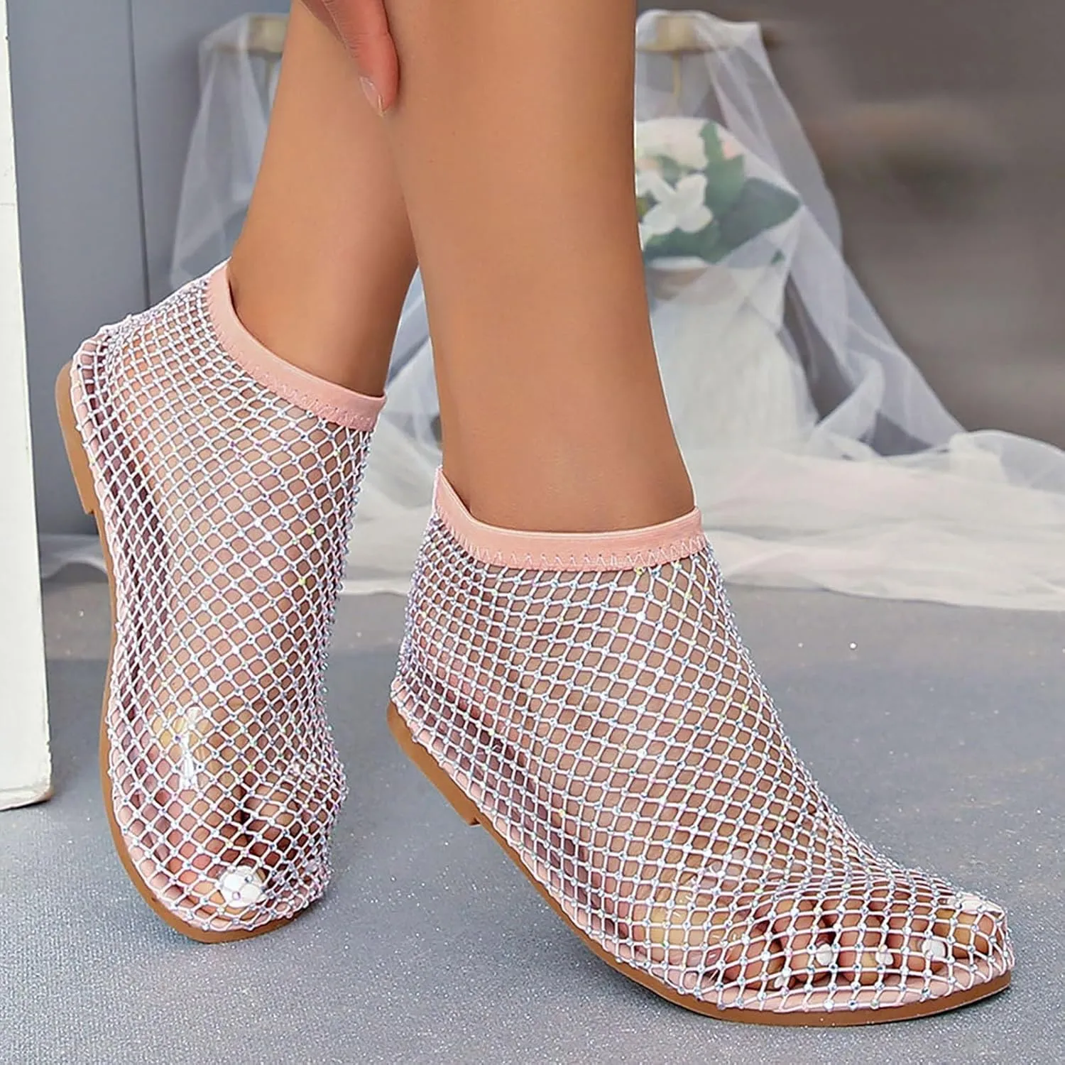 2025 Ultra Comfortable Mesh Flats for Women, Shiny Gem Mesh Ballet Flats, Sexy Slip on Stretchy Rhinestone Fishnet Sandals
