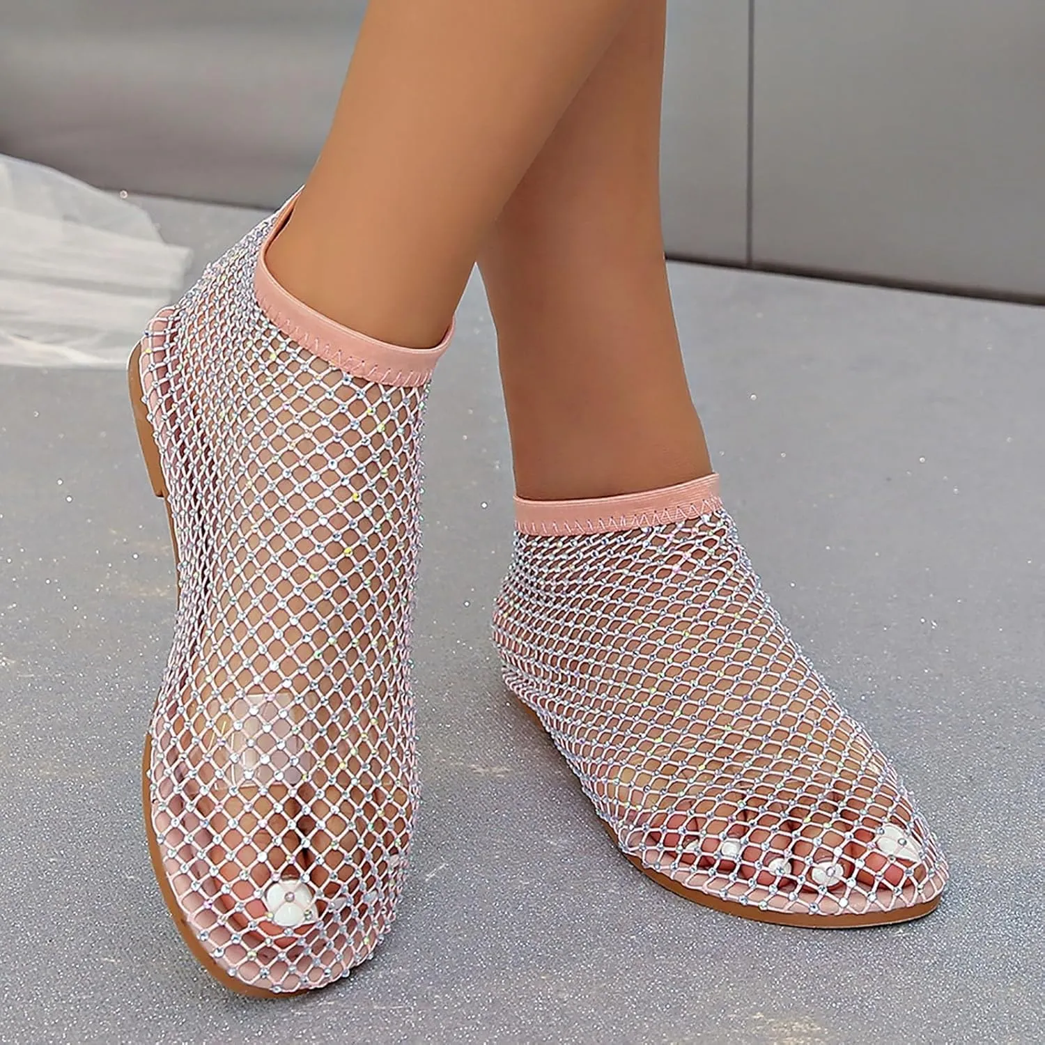 2025 Ultra Comfortable Mesh Flats for Women, Shiny Gem Mesh Ballet Flats, Sexy Slip on Stretchy Rhinestone Fishnet Sandals