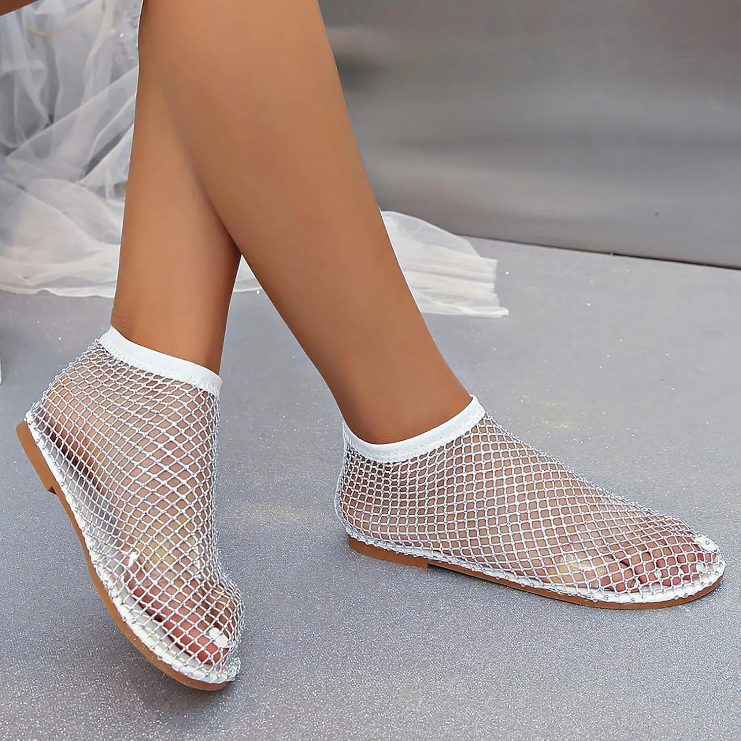 2025 Ultra Comfortable Mesh Flats for Women, Shiny Gem Mesh Ballet Flats, Sexy Slip on Stretchy Rhinestone Fishnet Sandals
