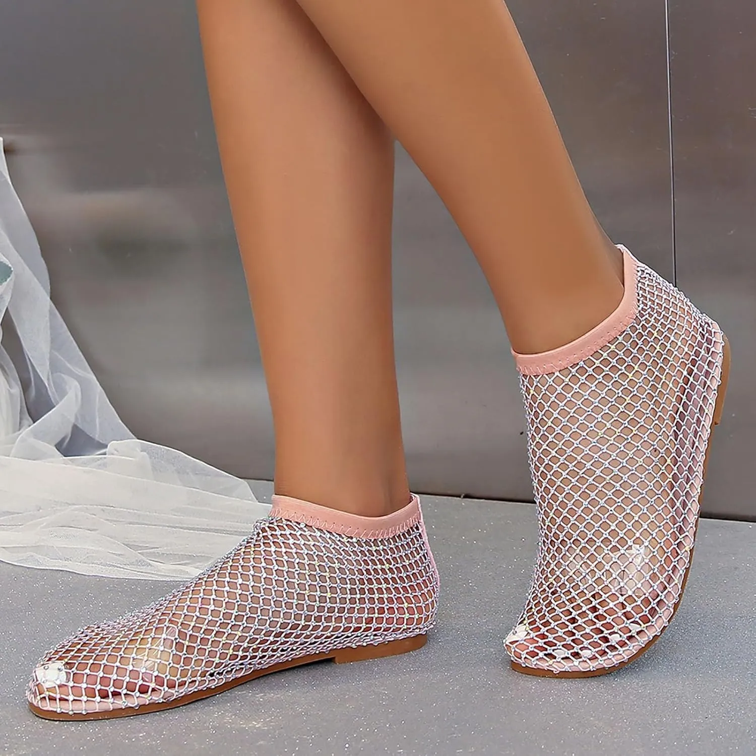 2025 Ultra Comfortable Mesh Flats for Women, Shiny Gem Mesh Ballet Flats, Sexy Slip on Stretchy Rhinestone Fishnet Sandals