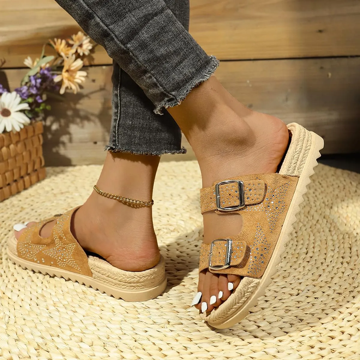 Agodor Raffia Platform Sandals For Women,Espadrille Open Toe Wedge Sandals,Slip On Slide Woven Crochet Mules,Double Buckle Strap Summer Beach Sandals