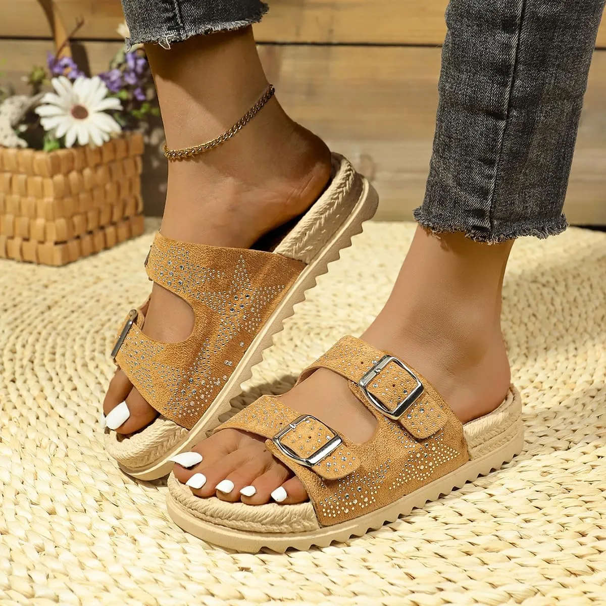 Agodor Raffia Platform Sandals For Women,Espadrille Open Toe Wedge Sandals,Slip On Slide Woven Crochet Mules,Double Buckle Strap Summer Beach Sandals