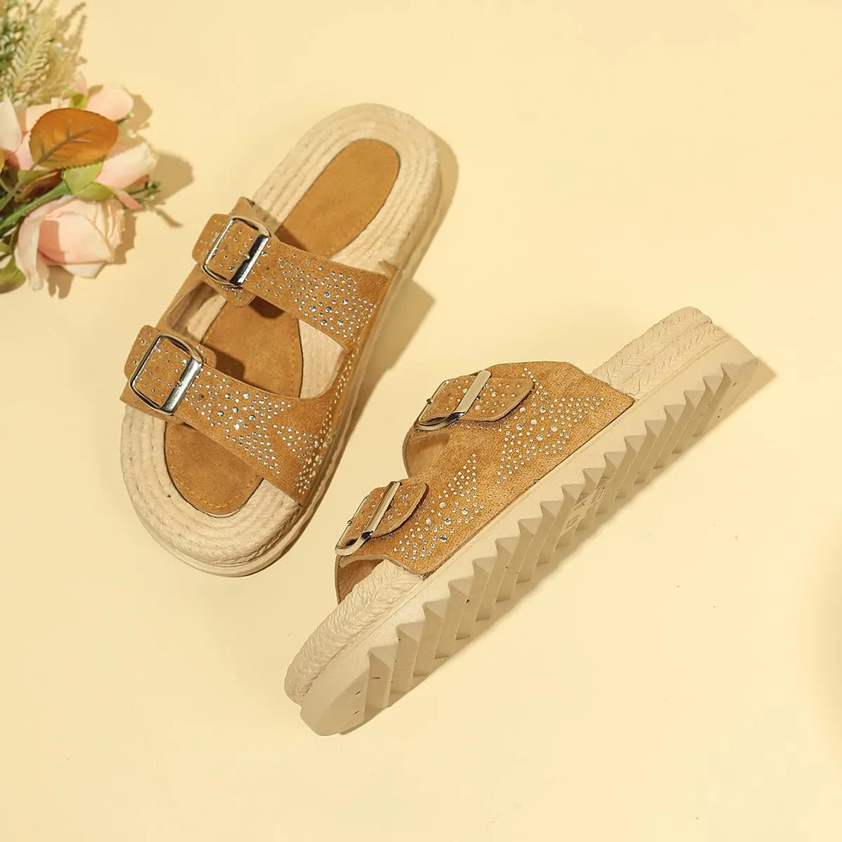 Agodor Raffia Platform Sandals For Women,Espadrille Open Toe Wedge Sandals,Slip On Slide Woven Crochet Mules,Double Buckle Strap Summer Beach Sandals