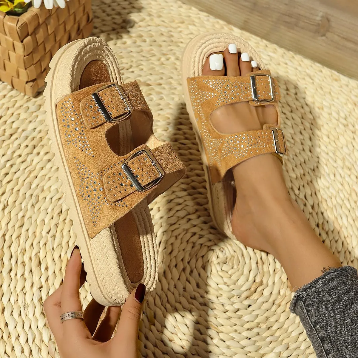 Agodor Raffia Platform Sandals For Women,Espadrille Open Toe Wedge Sandals,Slip On Slide Woven Crochet Mules,Double Buckle Strap Summer Beach Sandals