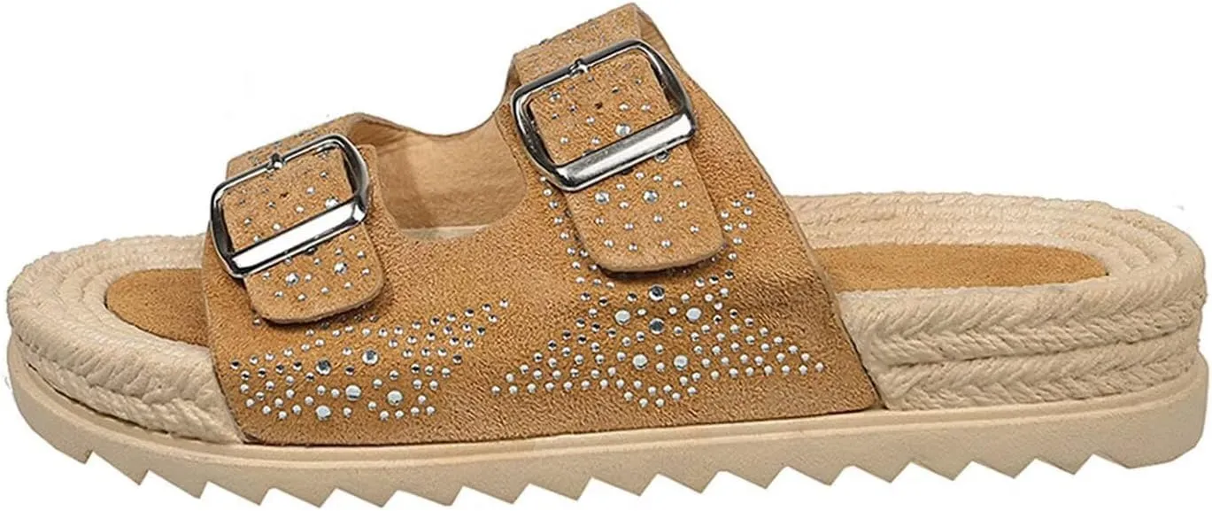 Agodor Raffia Platform Sandals For Women,Espadrille Open Toe Wedge Sandals,Slip On Slide Woven Crochet Mules,Double Buckle Strap Summer Beach Sandals