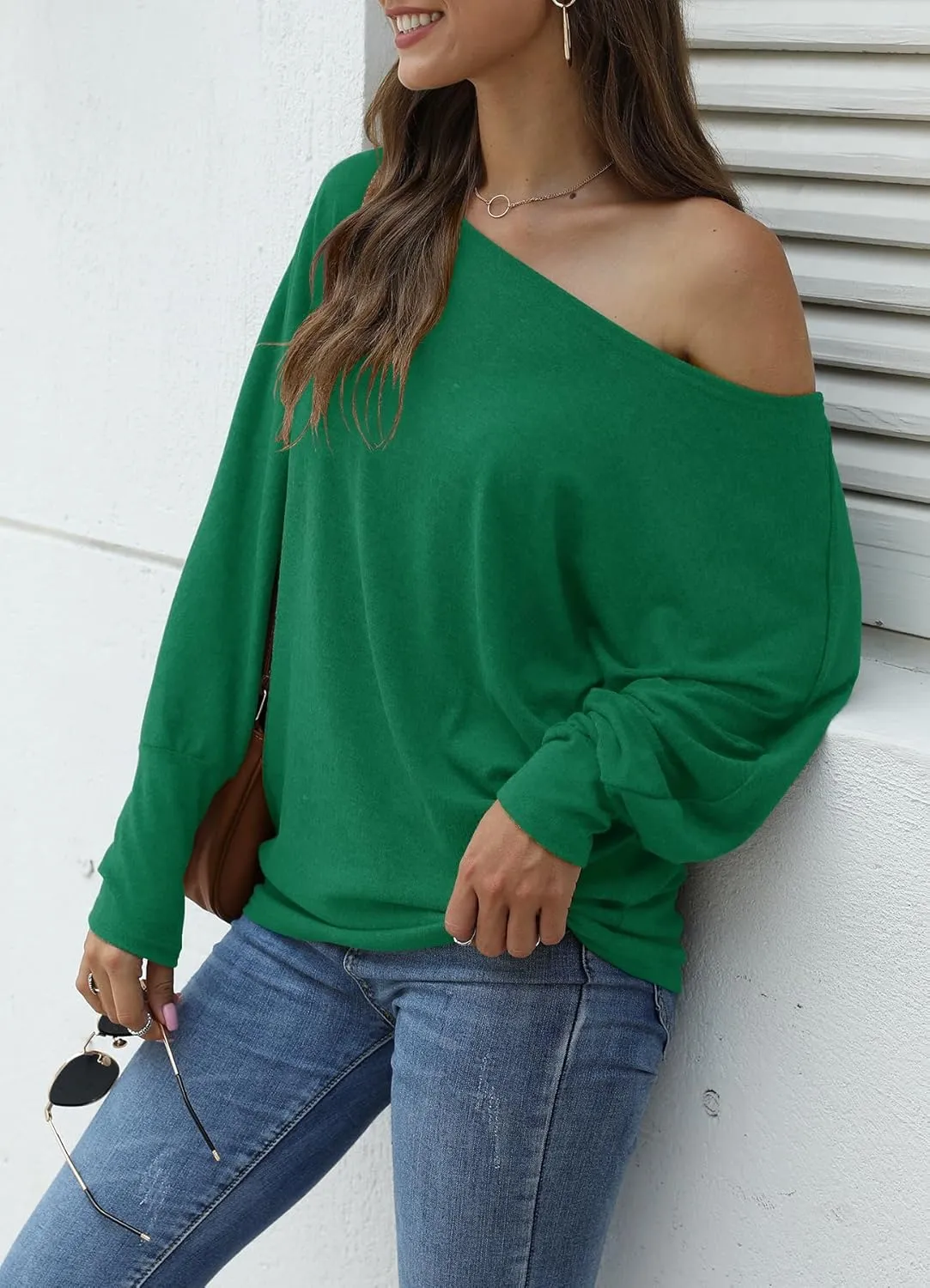 Aifer Women's Off The Shoulder Tops Sexy Long Sleeve Shirts Oversized Fashion Casual Batwing Sweaters Pullover Tunic Tops