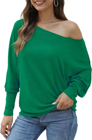 Aifer Women's Off The Shoulder Tops Sexy Long Sleeve Shirts Oversized Fashion Casual Batwing Sweaters Pullover Tunic Tops
