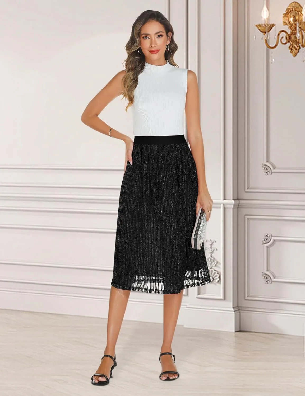 AIMCOO Womens Sequin Skirt Stretchy High Waisted Skirt Sparkly Pleated Midi Skirt 2025 Chiffon Flowy A-line Casual Skirts