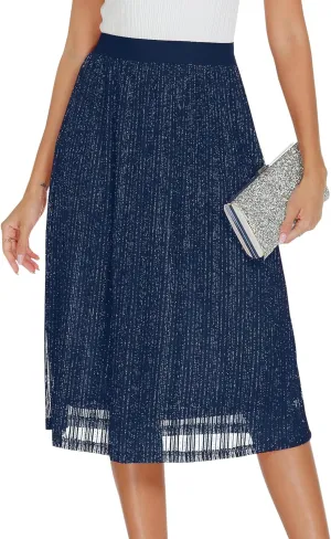 AIMCOO Womens Sequin Skirt Stretchy High Waisted Skirt Sparkly Pleated Midi Skirt 2025 Chiffon Flowy A-line Casual Skirts