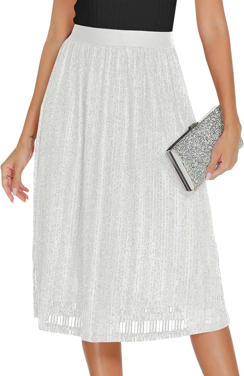 AIMCOO Womens Sequin Skirt Stretchy High Waisted Skirt Sparkly Pleated Midi Skirt 2025 Chiffon Flowy A-line Casual Skirts