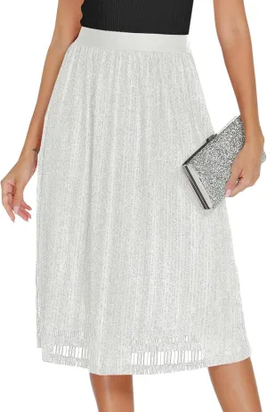 AIMCOO Womens Sequin Skirt Stretchy High Waisted Skirt Sparkly Pleated Midi Skirt 2025 Chiffon Flowy A-line Casual Skirts