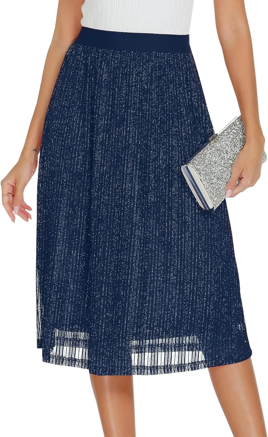 AIMCOO Womens Sequin Skirt Stretchy High Waisted Skirt Sparkly Pleated Midi Skirt 2025 Chiffon Flowy A-line Casual Skirts