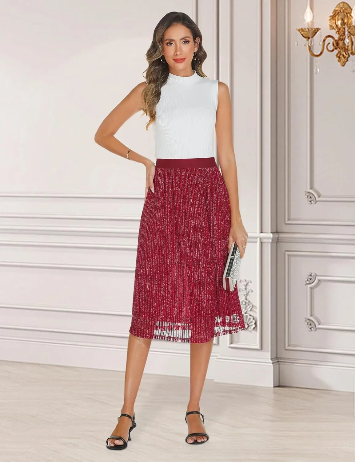 AIMCOO Womens Sequin Skirt Stretchy High Waisted Skirt Sparkly Pleated Midi Skirt 2025 Chiffon Flowy A-line Casual Skirts