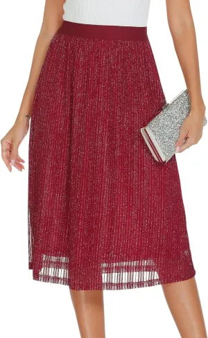 AIMCOO Womens Sequin Skirt Stretchy High Waisted Skirt Sparkly Pleated Midi Skirt 2025 Chiffon Flowy A-line Casual Skirts