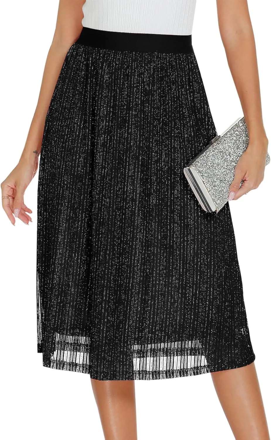 AIMCOO Womens Sequin Skirt Stretchy High Waisted Skirt Sparkly Pleated Midi Skirt 2025 Chiffon Flowy A-line Casual Skirts
