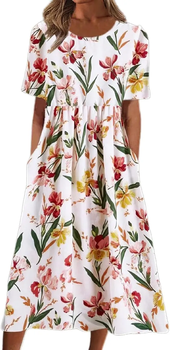 Akivide Womens Boho Floral Flowy Midi Dresses Casual Loose Summer Short Sleeve Beach Dress with Pockets
