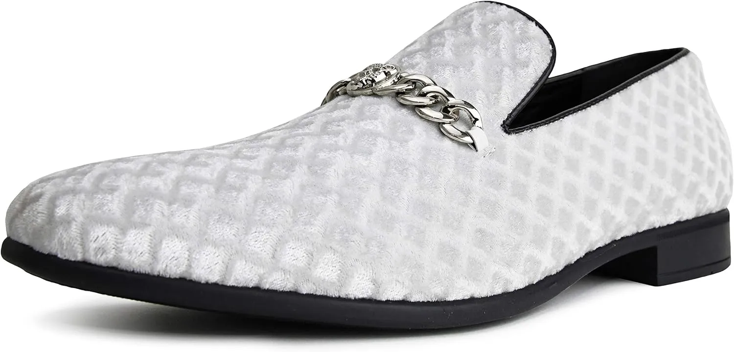 Amali Velvet Slip-On Dress Loafers for Men with Lion Head Piece, Men's Formal Smoking Tuxedo Slippers, Loafer Shoes with Metal Chain Detail