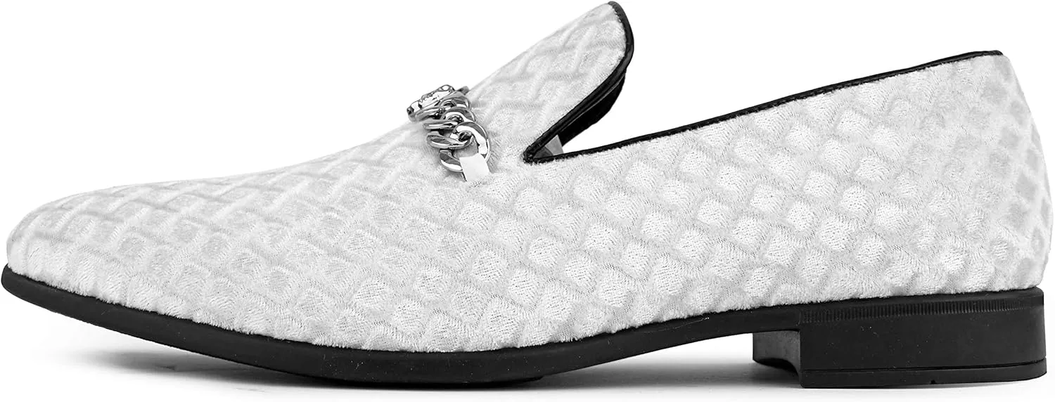 Amali Velvet Slip-On Dress Loafers for Men with Lion Head Piece, Men's Formal Smoking Tuxedo Slippers, Loafer Shoes with Metal Chain Detail