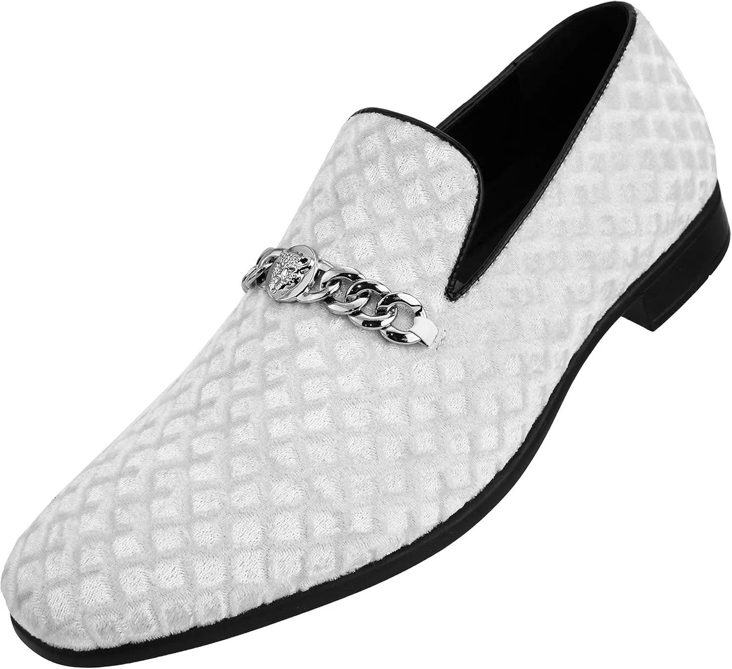 Amali Velvet Slip-On Dress Loafers for Men with Lion Head Piece, Men's Formal Smoking Tuxedo Slippers, Loafer Shoes with Metal Chain Detail