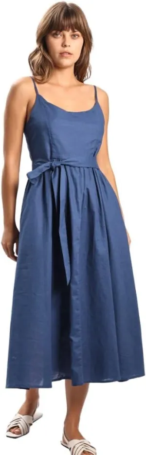 Amazhiyu Womens Linen Scoop Neck Spaghetti Strap Smocked Midi Dresses with Belt