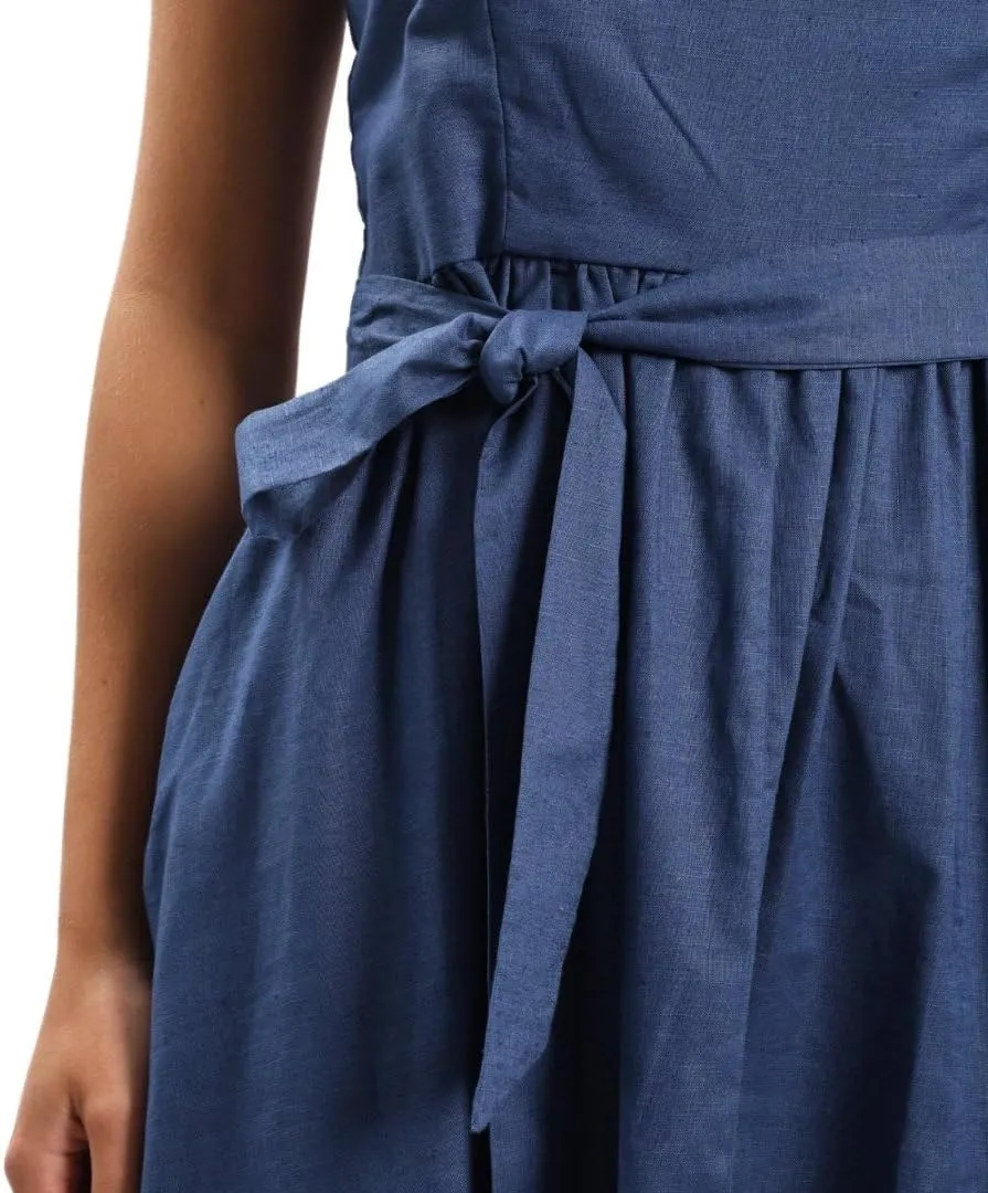 Amazhiyu Womens Linen Scoop Neck Spaghetti Strap Smocked Midi Dresses with Belt