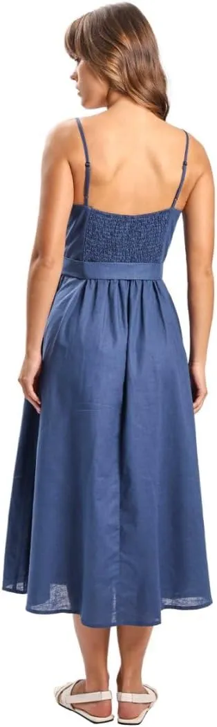 Amazhiyu Womens Linen Scoop Neck Spaghetti Strap Smocked Midi Dresses with Belt