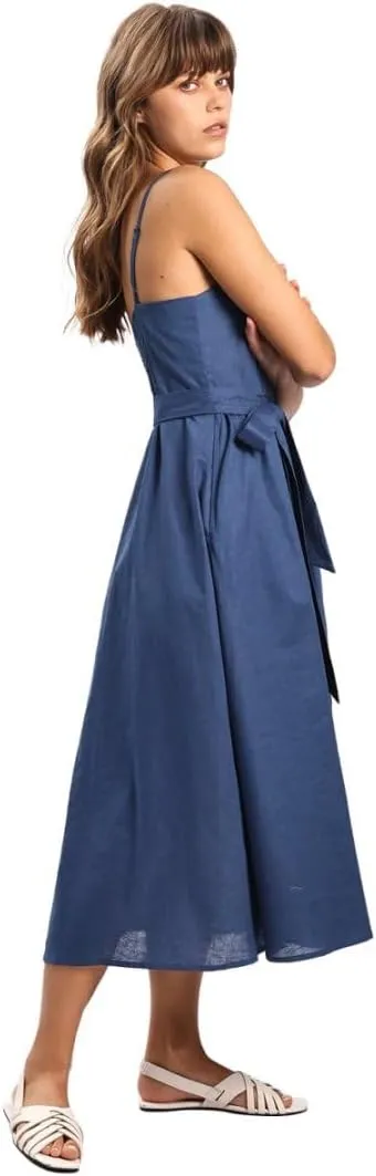 Amazhiyu Womens Linen Scoop Neck Spaghetti Strap Smocked Midi Dresses with Belt