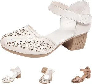 AngryMonkey Women's Leather Closed Toe Chunky Block Heel Dress Shoes,Summer Comfort Cutout Adjustable Casual Mary Jane Sandals