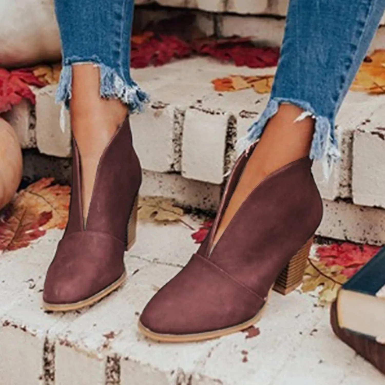 Ankle Boots for Women Front Deep V Cut Out Short Shoes Slip On Lightweight Comfort Non-Slip Chunky Stacked Heel Booties