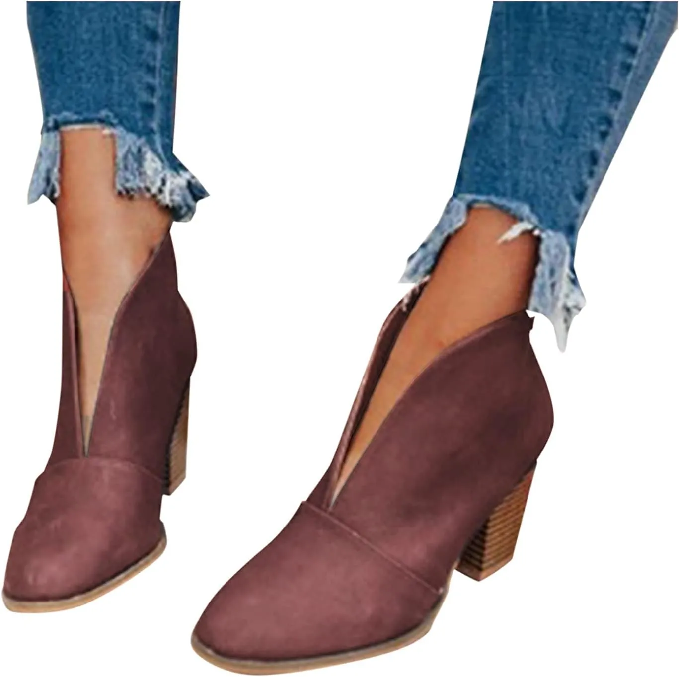 Ankle Boots for Women Front Deep V Cut Out Short Shoes Slip On Lightweight Comfort Non-Slip Chunky Stacked Heel Booties