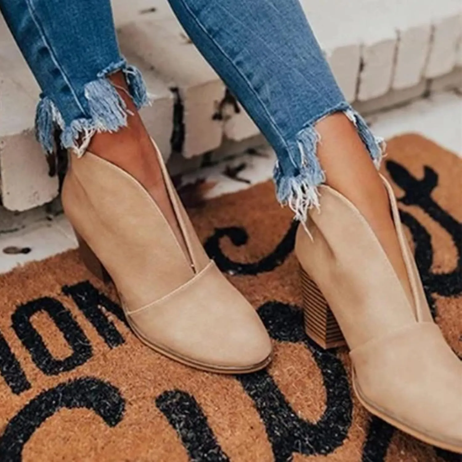 Ankle Boots for Women Front Deep V Cut Out Short Shoes Slip On Lightweight Comfort Non-Slip Chunky Stacked Heel Booties