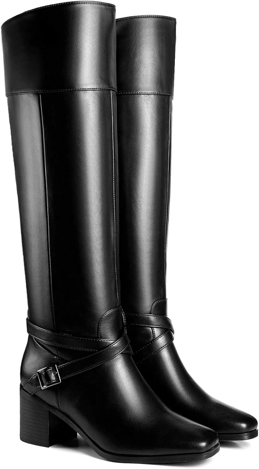 ANN CREEK 'Jumas' Women's Knee-high Square Toe Block Heel Crisscross Buckle Straps Cowboy Riding Boots