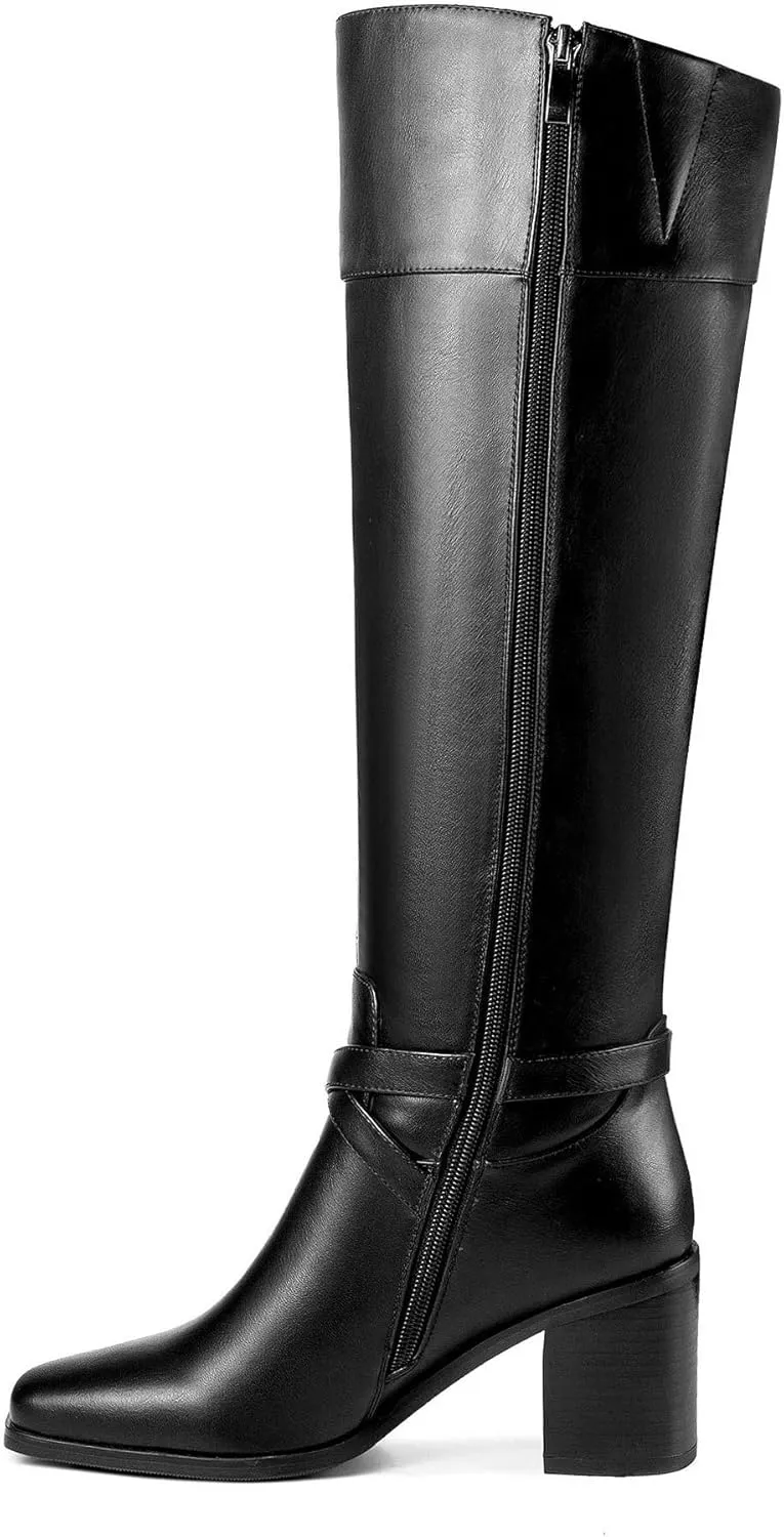 ANN CREEK 'Jumas' Women's Knee-high Square Toe Block Heel Crisscross Buckle Straps Cowboy Riding Boots