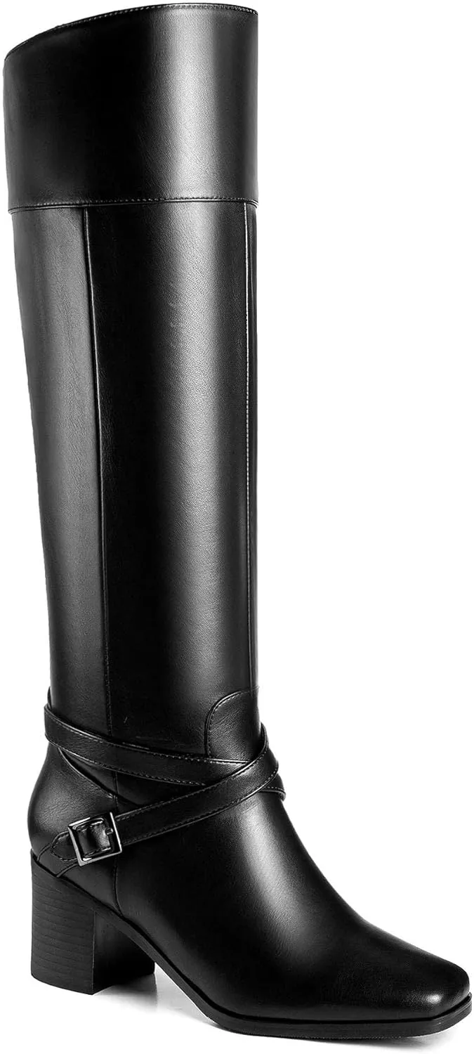 ANN CREEK 'Jumas' Women's Knee-high Square Toe Block Heel Crisscross Buckle Straps Cowboy Riding Boots