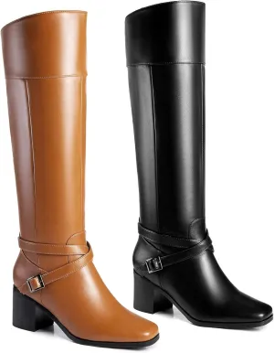 ANN CREEK 'Jumas' Women's Knee-high Square Toe Block Heel Crisscross Buckle Straps Cowboy Riding Boots